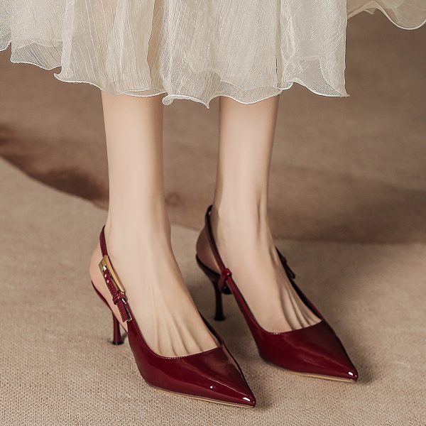 Women's High Heel Pointed Toe Stiletto Ankle Strap Pumps, Sexy Ladylike Red Patent Leather Open-Toe Shoes - Image 2