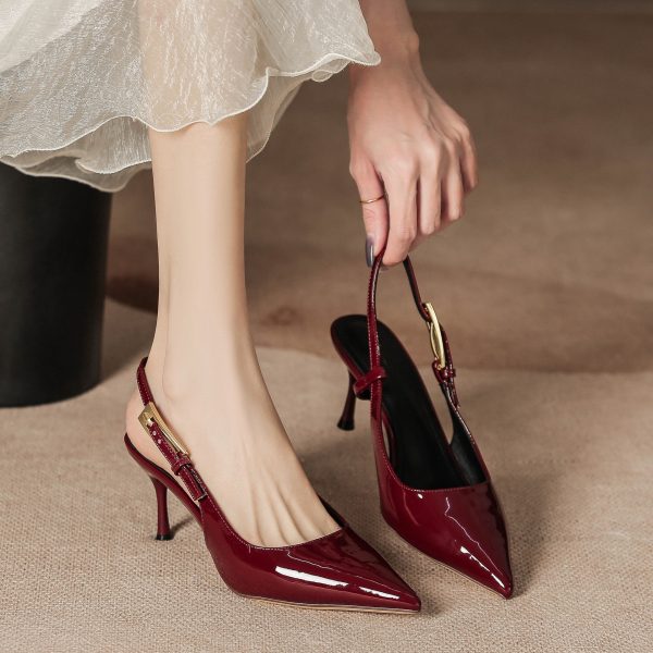 Women's High Heel Pointed Toe Stiletto Ankle Strap Pumps, Sexy Ladylike Red Patent Leather Open-Toe Shoes