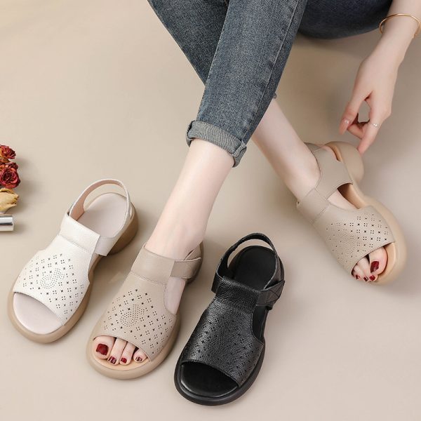 Top-Grain Leather Thick Sole Casual Sandals for Summer New Arrival Comfortable Soft Sole Breathable and Versatile Genuine Leather Mom Shoes - Image 2