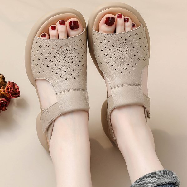 Top-Grain Leather Thick Sole Casual Sandals for Summer New Arrival Comfortable Soft Sole Breathable and Versatile Genuine Leather Mom Shoes - Image 3